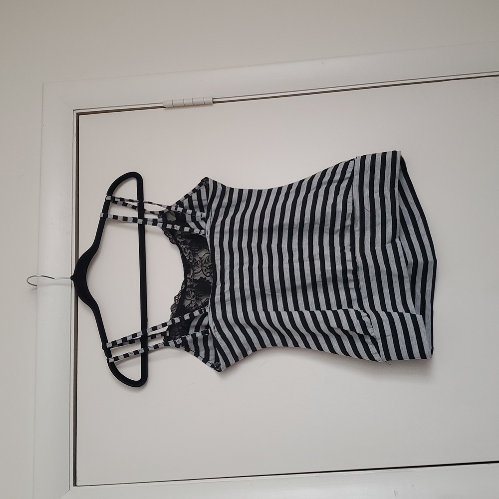 Hot Topic Black and Gray Striped Lace Top - Picture 7 of 14